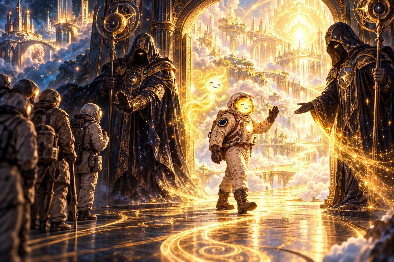 Der Pleronaut und EPI passieren die Wächter auf dem Weg ins Pleroma, während andere Reisende vor dem Tor stehen bleiben.